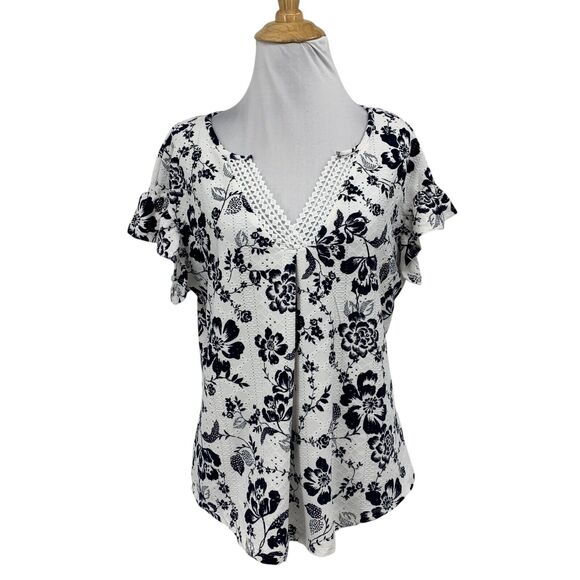 Adrienne Vittadini Blouse Women M Medium Floral Crochet V Neck Eyelet Flutter - Picture 1 of 12